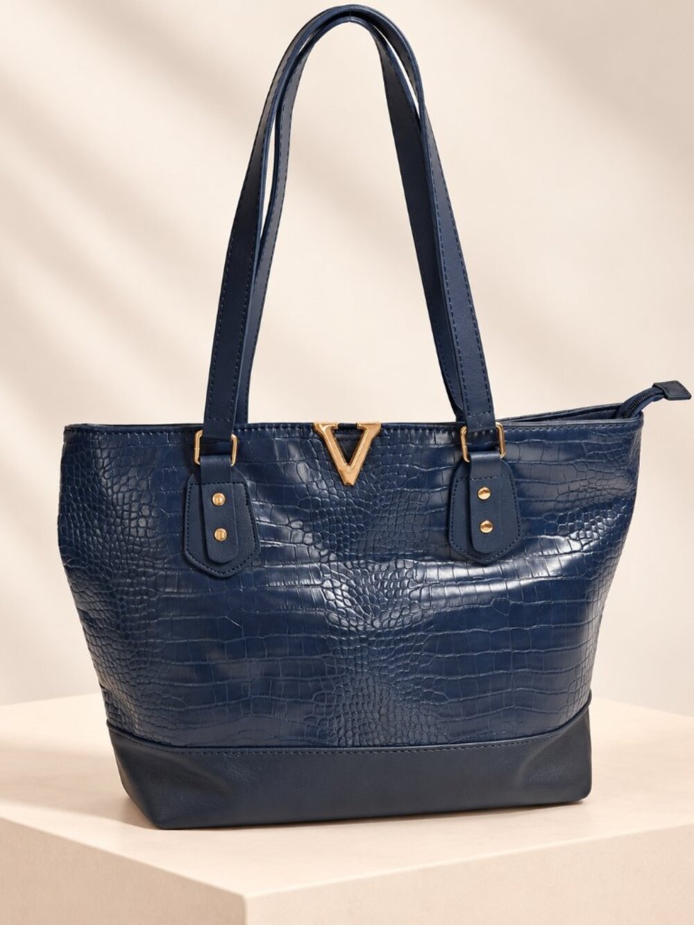 Navy Blue Crocodile Embossed Faux Leather Tote Bag